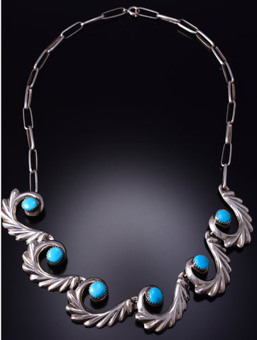 Vintage `18" Silver & Turquoise Navajo Flow Sandcast Necklace 5J29L