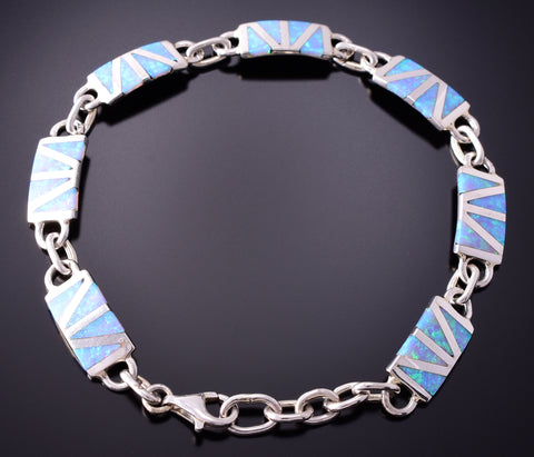 Silver & Blue Opal Zuni Inlay Link Bracelet by Wilfred Siutza 4D15W