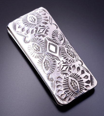 Silver Navajo Handstamped Leaves Money Clip 4A31T