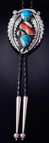 Vintage Silver & Turquoise w/ Coral Eagle Feathers Navajo Bolo Tie 5D09C