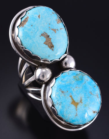 Vintage Size 7-1/4 Silver & Turquoise Navajo 2-Stone Ring by June Perry 5K10L