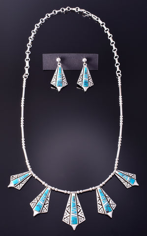 Silver & Turquoise Navajo Inlay Necklace & Earring Set by BJ 4D15P
