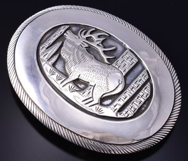 Vintage Silver Navajo Handmade Roaming Elk Belt Buckle by Tom Bahe