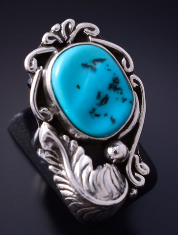 Vintage Size 5 Silver & Turquoise w/ Feather Navajo Handmade Ring 5E06V