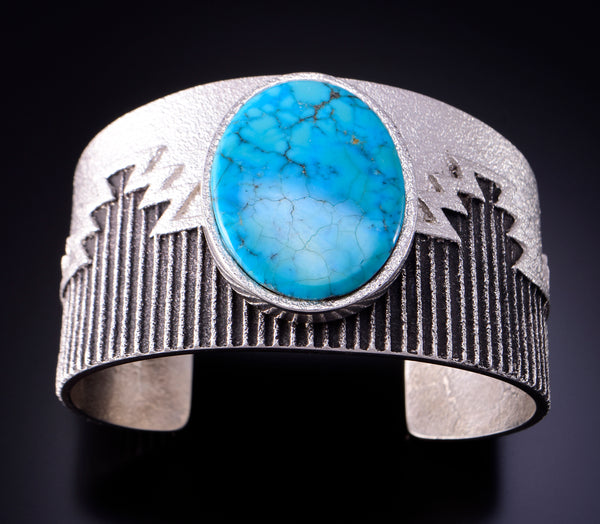 Silver & Turquoise Navajo Rug Pattern Tufacast Bracelet by Lee