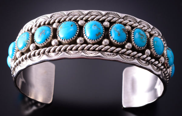 Silver & Kingman Turquoise Navajo Handmade Bracelet by Chester