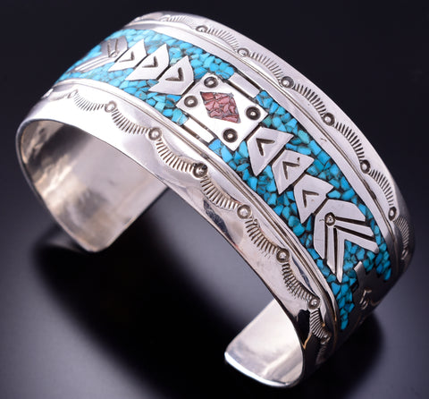 Silver & Turquoise w/ Coral Navajo Chip Inlay Bracelet by Frances Begeay 4A31B