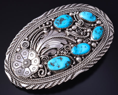 Vintage Silver & Sleeping Beauty Turquoise Navajo Feathers Buckle by M 5H21P
