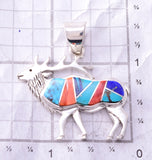 Silver & Turquoise Multistone Navajo Inlay Roaming Elk Pendant by TSF 4A31X