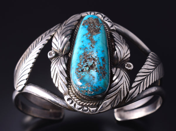 Vintage Silver & Turquoise Feathers Navajo Open-Faced Bracelet