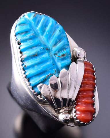 Size 11-1/2 Silver & Turquoise w/ Coral Zuni Men's Ring by Lyolita Tsattie 4A12O