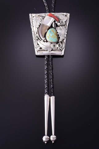 Silver & Turquoise w/ Coral Bear Claw Navajo Bolo Tie Mike Thomas Jr. 4D15H