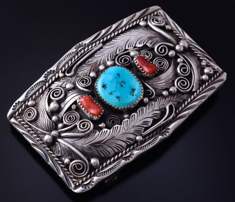 Vintage Silver & Turquoise w/ Coral Navajo Feathers Buckle - Justin Morris 5H21Q