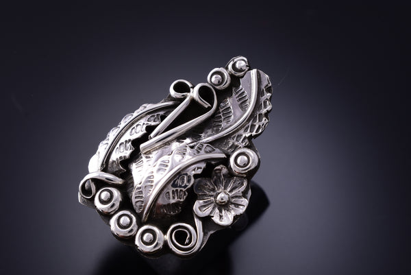 Size 8-1/2 Silver Feathers & Flowers Navajo Ring by Harry