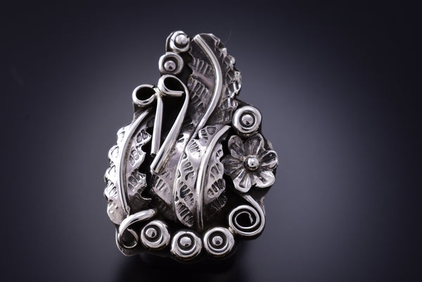 Size 8-1/2 Silver Feathers & Flowers Navajo Ring by Harry