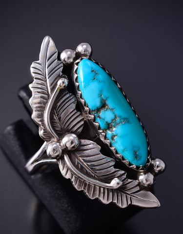 Vintage Size 7 Silver & Turquoise Eagle Feathers Navajo Ring 5K17T