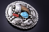 Vintage Silver & Turquoise & Coral w/ Faux Bear Claw Navajo Buckle 3J30Q