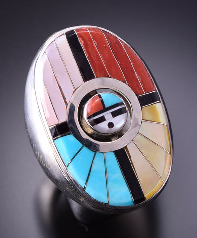 Size 11-3/4 Silver Multistone Zuni Sunface Inlay Reversible Men's Ring Don Dewa 4A25T