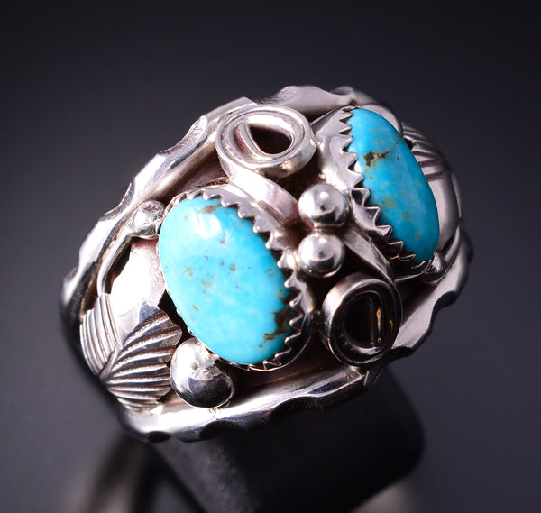 Size 12-3/4 Silver Turquoise Feathers Navajo Men's Ring Max
