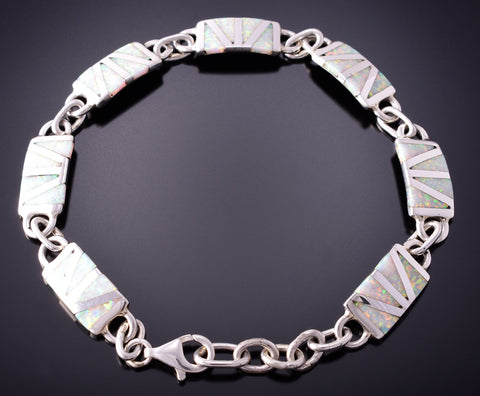 Silver & Opal Zuni Inlay Link Bracelet by Wilfred Siutza 4D15Y