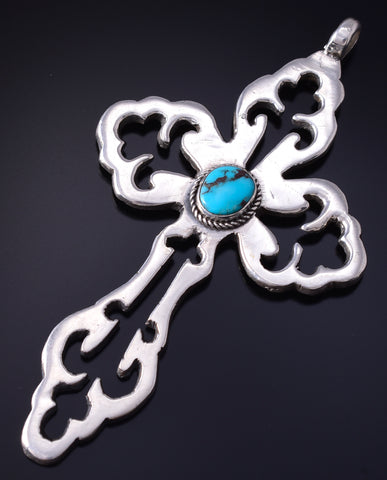 Silver & Turquoise Navajo Handmade Large Cross Pendant by Eugene Mitchell 5F04N