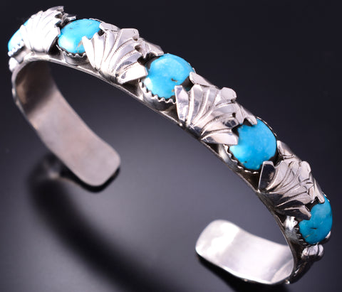 Silver & Turquoise Zuni Handmade Leaves Bracelet by Lyolita Tsattie 4A19B