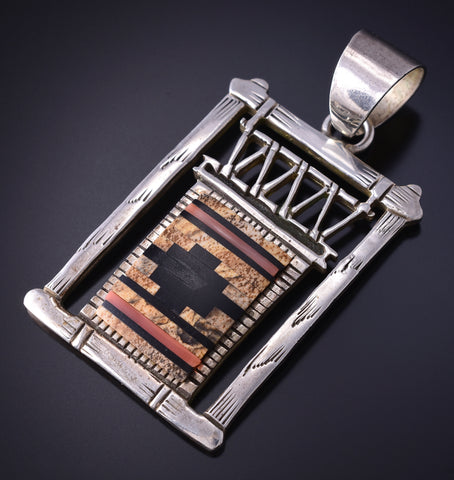 Vintage Silver Multistone Navajo Inlay Rug & Loom Pendant by Richard Begay 5K17Y