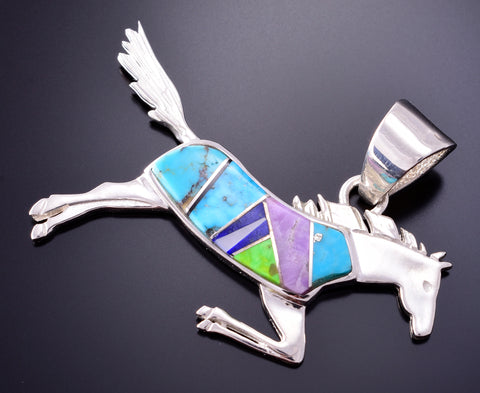 Silver & Turquoise Multistone Navajo Inlay Free Horse Pendant 4B21R