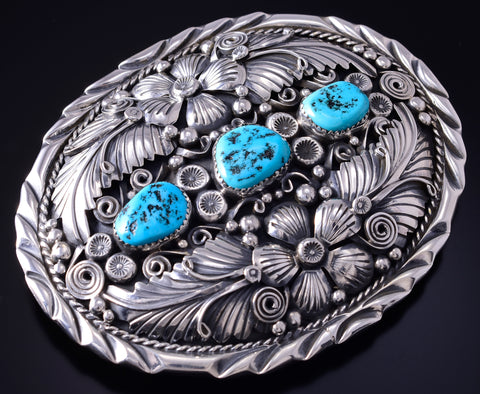 Vintage Silver & Turquoise Navajo Eagle Feathers Buckle by L. Hildreth 5F10A