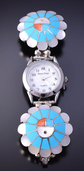 Silver & Turquoise Multistone Zuni Sunface Inlay Watch by