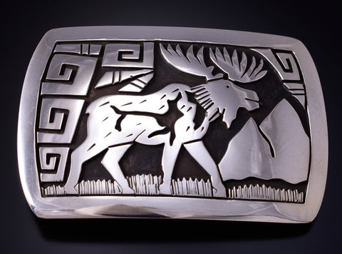 Silver Navajo Handmade Roaming Elk Buckle by Sonny Gene 5J18Y