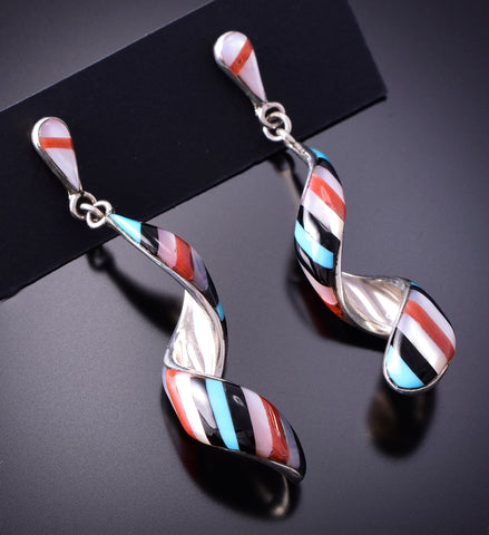 Silver & Turquoise Multistone Zuni Inlay Swirl Earrings by Idella Edaakie 4A25S