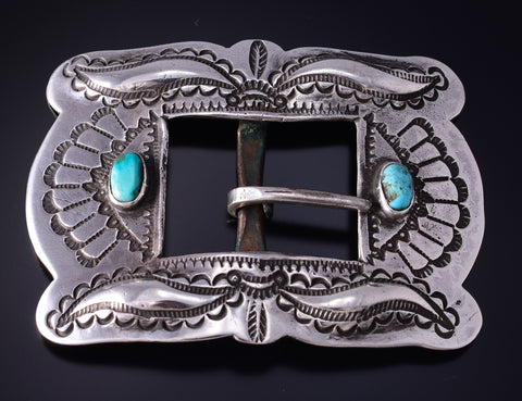 Vintage Silver & Turquoise Navajo Handmade Concho Buckle 5D09Y