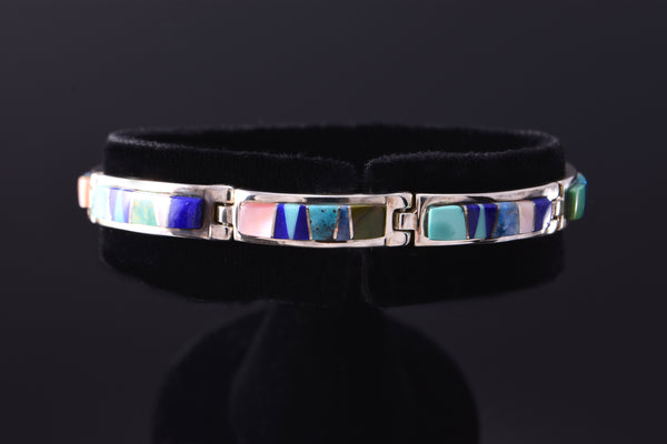 Silver Turquoise Multistone Inlay Navajo Handmade Link Bracelet by Pamela Daniels 3F10G