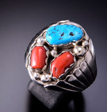 Size 11-3/4 Silver & Turquoise & Coral Navajo Men's Ring by Alvery Smith 3D06T