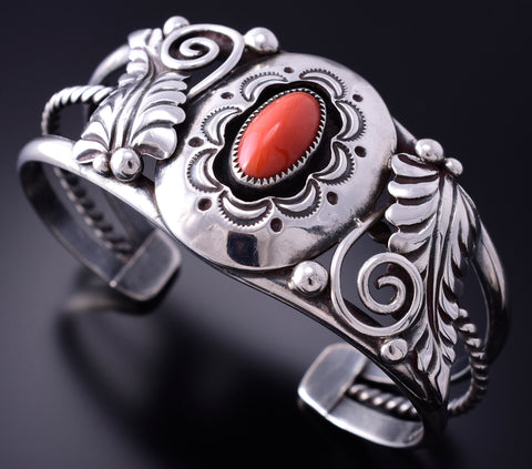 Vintage Silver & Coral Eagle Feathers Navajo Bracelet by ORH 3J30P