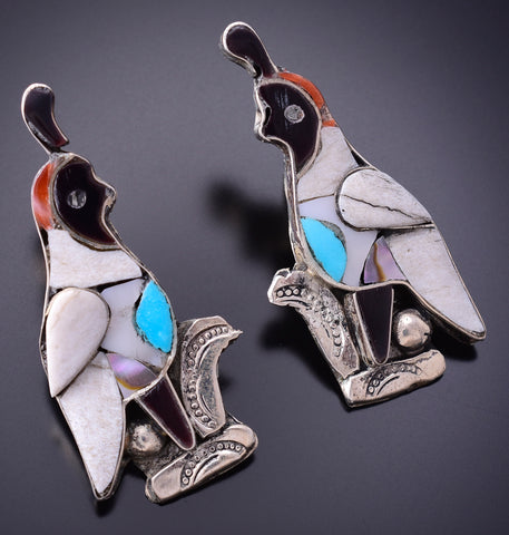Vintage Silver & Turquoise Multistone Zuni Inlay Quail Family Earrings 3K09H
