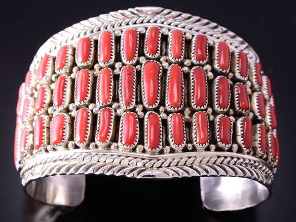 Silver & Coral Navajo Handmade Wide Bracelet by Marlene Haley