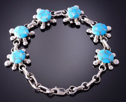 Silver & Turquoise Zuni Inlay Turtle Family Link Bracelet Amielda Peynetsa 4D15N