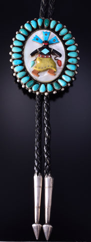 Vintage Silver & Turquoise Multistone Apache Dancer Zuni Bolo Tie 5D09R