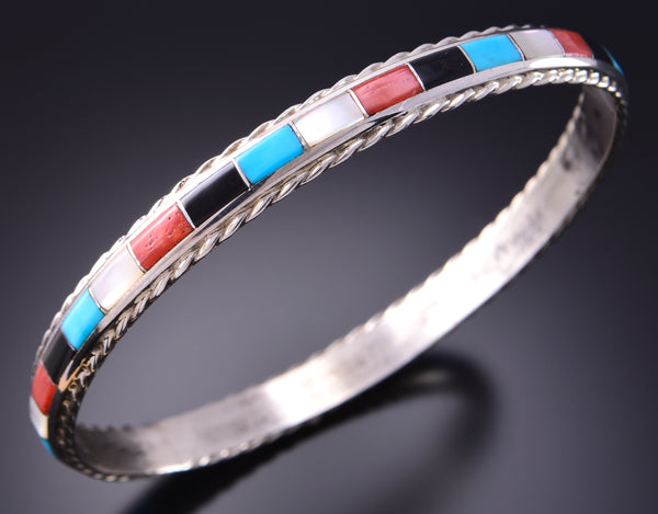 Silver & Turquoise Multistone Zuni Inlay Bangle Bracelet by Joanne