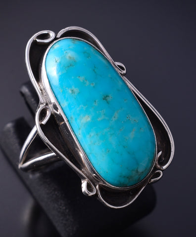 Vintage Size 7-1/4 Silver & Turquoise Flow Navajo Ring 5K17S