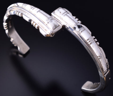 Silver & White Buffalo Turquoise Navajo Inlay Connection Bracelet 5F04D