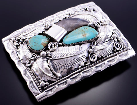 Silver & Turquoise & Faux Bear Claw Navajo Men's Buckle by Mike Thomas Jr. 2L08X
