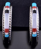 Silver & Turquoise Multistone Zuni Inlay Half Hoop Earrings Velda Nastacuo 2H03J