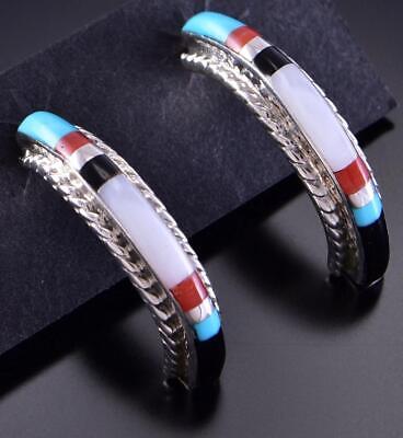 Silver & Turquoise Multistone Zuni Inlay Half Hoop Earrings Velda Nastacuo 2H03J