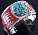 Silver & Coral Navajo Inlay Bear & Arrowhead Bracelet by Mike Perry 1K06E