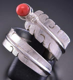 Silver and Coral Adjustable Ring Eagle Feather Design by David Kuticka 2K13S