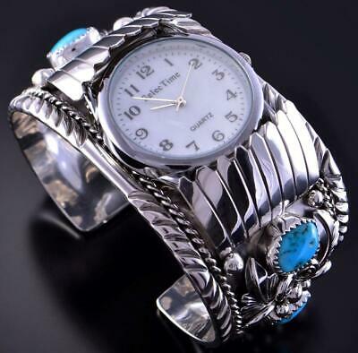 Silver & Sleeping Beauty Turquoise Eagle Feather Men's Watch Bracelet by H 1L12C