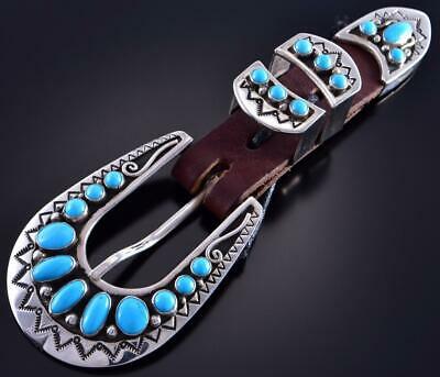 Silver & Turquoise Navajo Handstamped Ranger Set Buckle by Lee Charley 1K18P